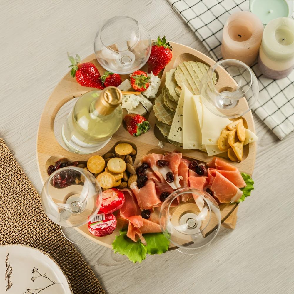 Fällbart Träbord för Picknick & Vin – Portabel Serveringsbricka med Glasfästen
