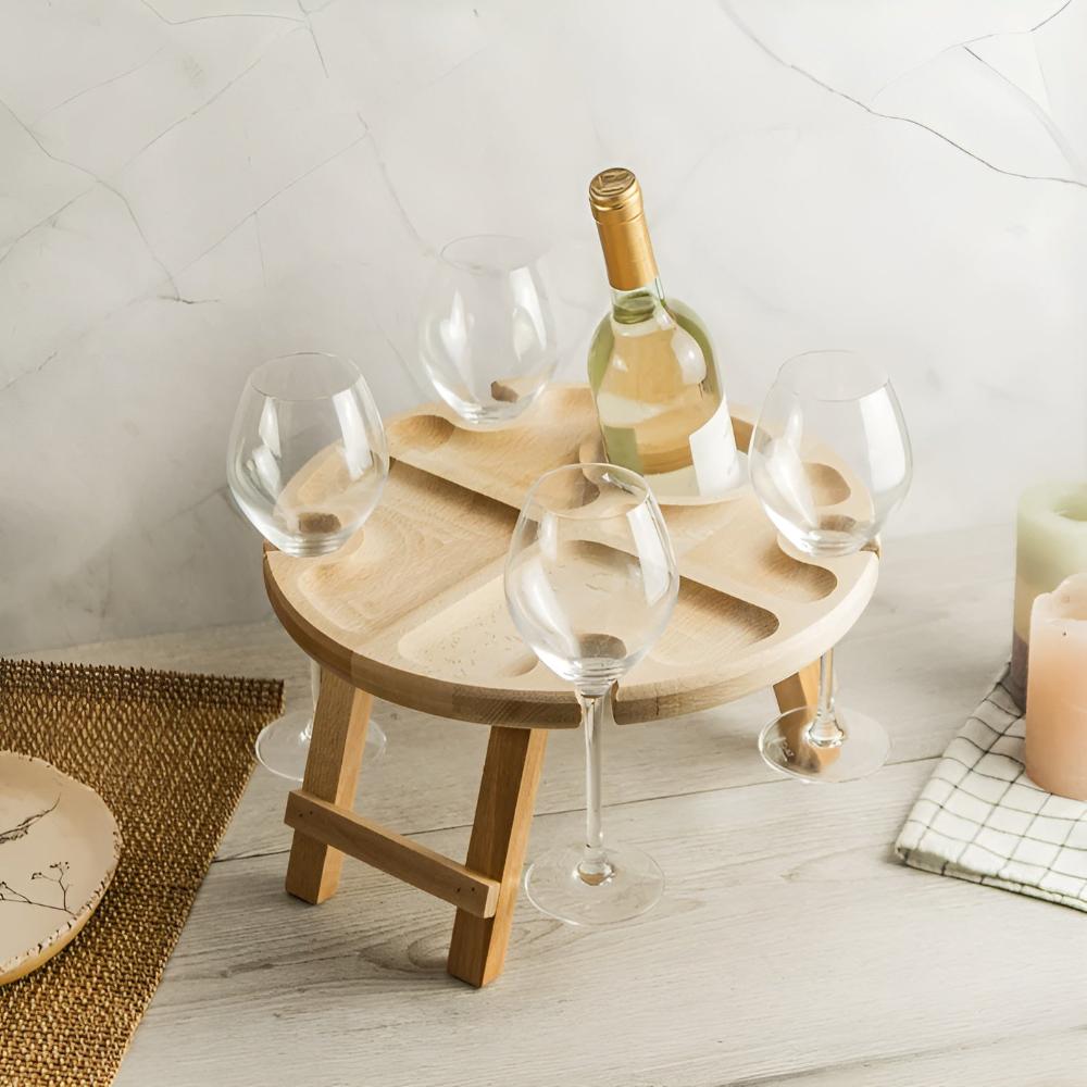 Fällbart Träbord för Picknick & Vin – Portabel Serveringsbricka med Glasfästen
