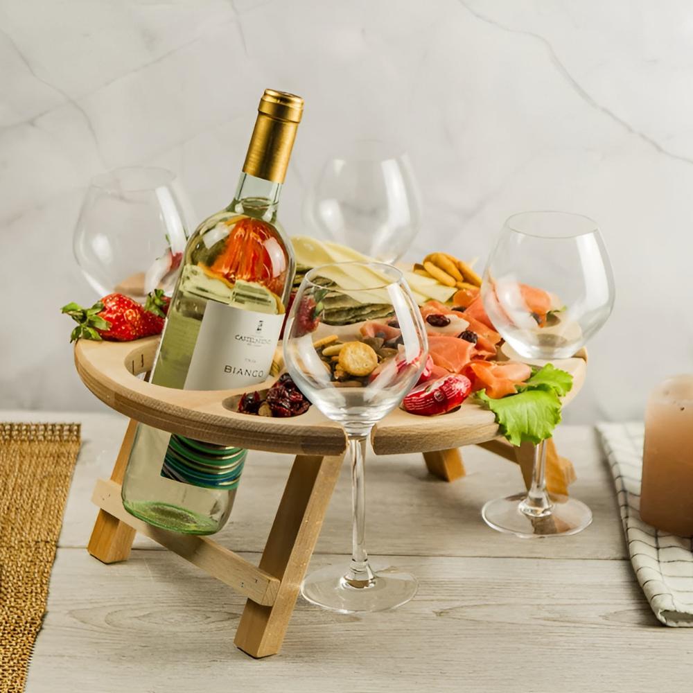 Fällbart Träbord för Picknick & Vin – Portabel Serveringsbricka med Glasfästen